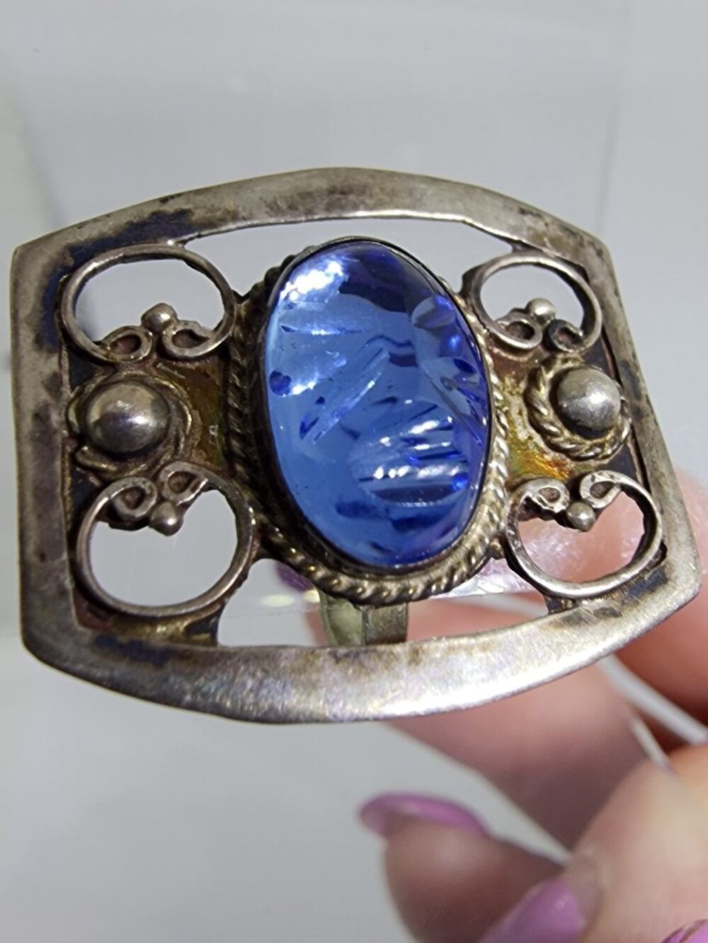 SINGLE Antique Art Nouveau Carved Blue Stone Sterling Silver Screw Back Earring